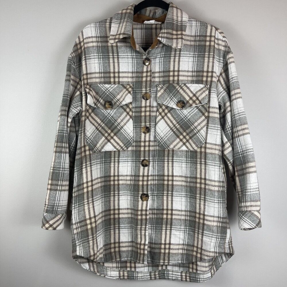 THML Jacket Shacket Women Small Green Brown Plaid Button‎ Pocket Flannel Ranch